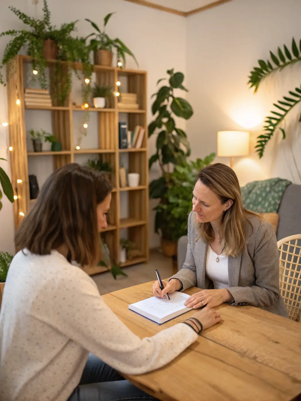 A Wellness for All consultant reviewing a client's dietary log and providing nutritional recommendations in a cozy, well-lit office environment.