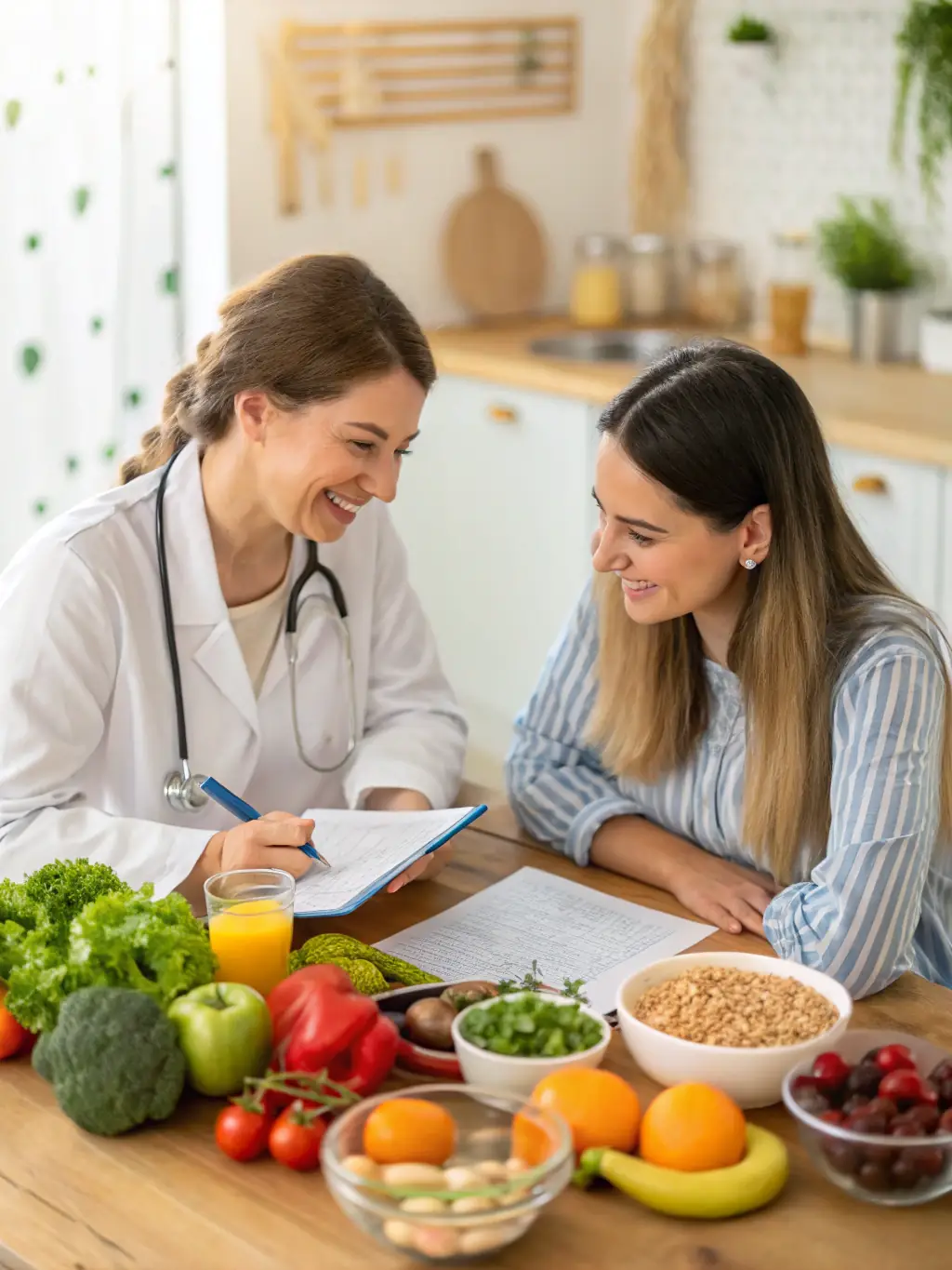 An image of a nutritionist consulting with a client, discussing dietary needs and creating a personalized meal plan, highlighting the personalized consulting services offered.