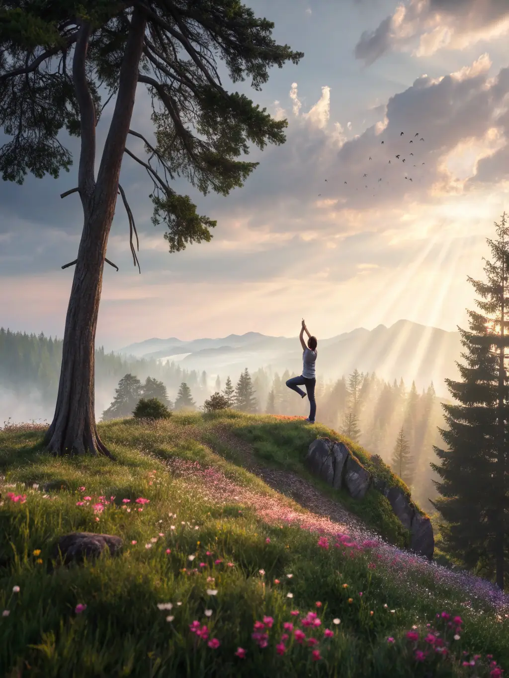 A person actively engaged in a fitness activity, such as yoga or hiking, showcasing increased energy levels and vitality during and after fasting, in a natural setting.