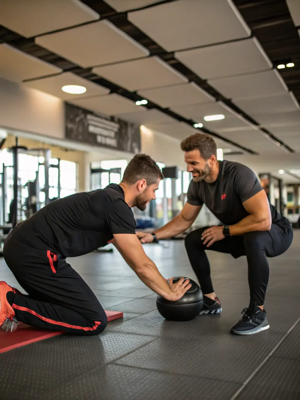 A Wellness for All consultant providing a personalized fitness plan to a client in a bright, modern gym setting, emphasizing individualized attention and care.