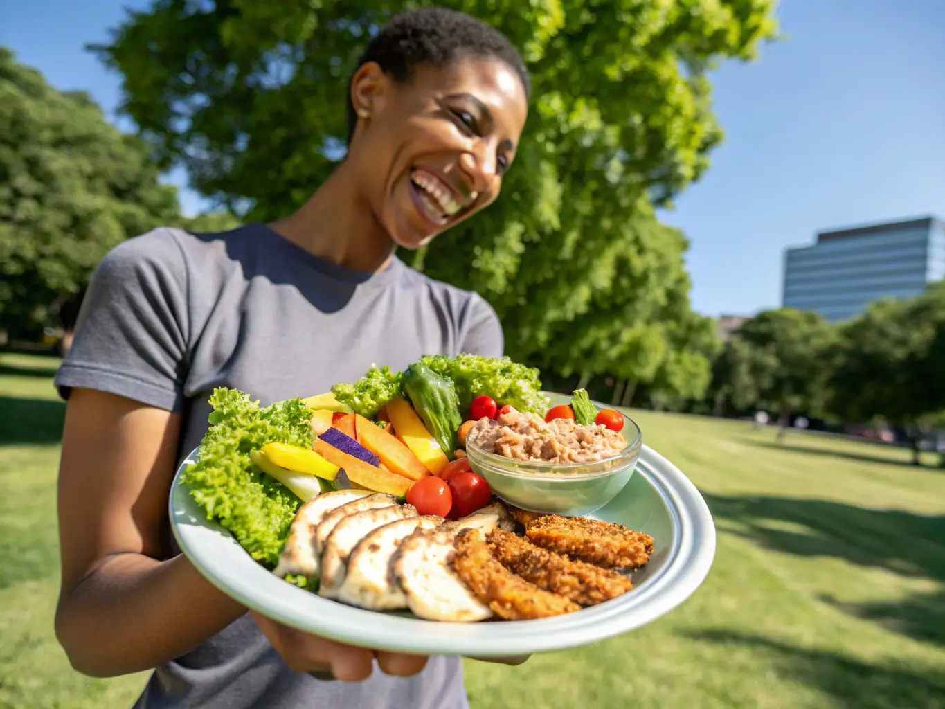 A person smiling confidently while holding a healthy, balanced meal, representing the positive impact of personalized nutrition guidance.